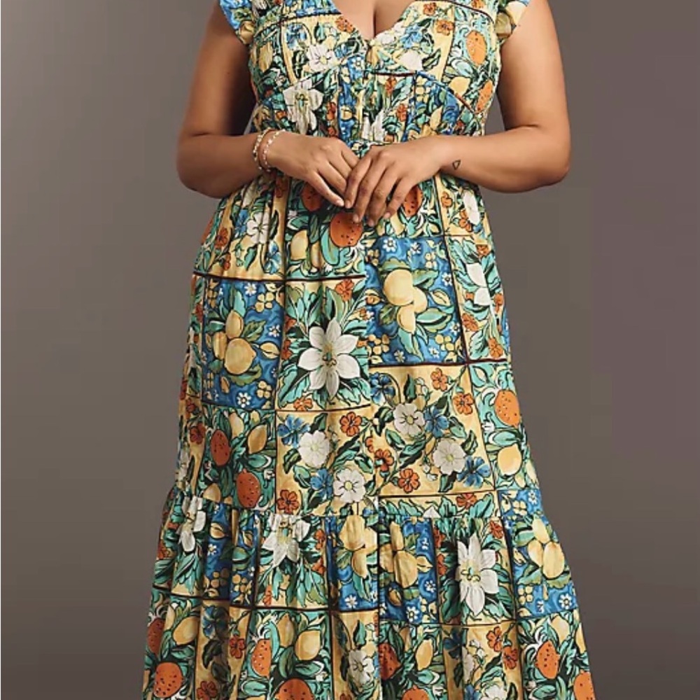 Anthropologie Citrus Floral Maxi Dress - Blue and Orange